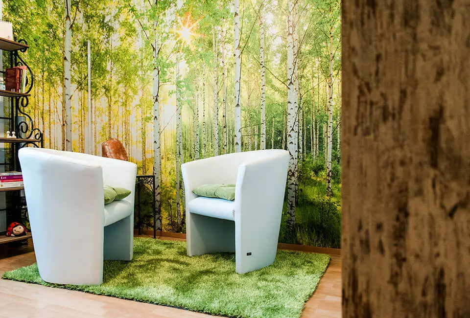 Der Therapieraum in Birgits Beratungsoase mit Waldhintergrund